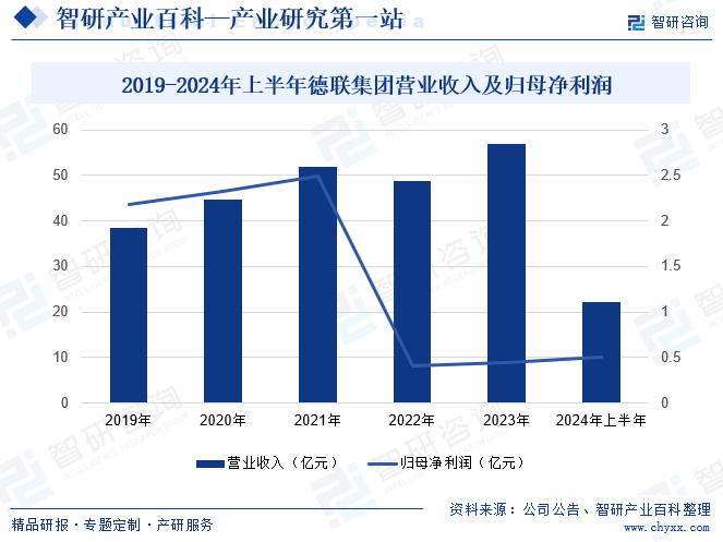 2019-2024年上半年德联集团营业收入及归母净利润