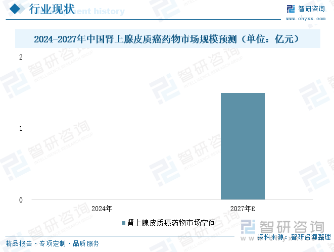 2024-2027年中国肾上腺皮质癌药物市场规模预测（单位：亿元）