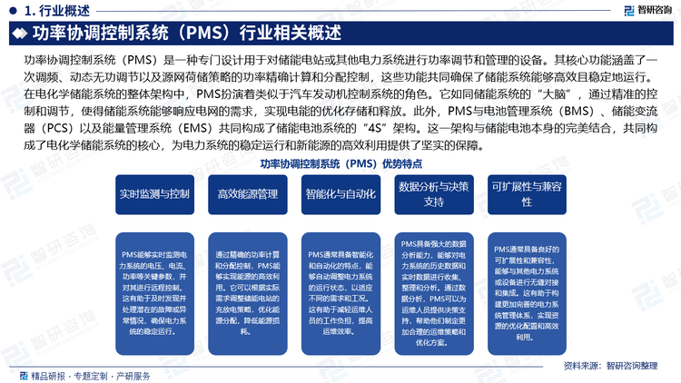 功率協(xié)調(diào)控制系統(tǒng)（PMS）是一種專門設計用于對儲能電站或其他電力系統(tǒng)進行功率調(diào)節(jié)和管理的設備。其核心功能涵蓋了一次調(diào)頻、動態(tài)無功調(diào)節(jié)以及源網(wǎng)荷儲策略的功率精確計算和分配控制，這些功能共同確保了儲能系統(tǒng)能夠高效且穩(wěn)定地運行。在電化學儲能系統(tǒng)的整體架構中，PMS扮演著類似于汽車發(fā)動機控制系統(tǒng)的角色。它如同儲能系統(tǒng)的“大腦”，通過精準的控制和調(diào)節(jié)，使得儲能系統(tǒng)能夠響應電網(wǎng)的需求，實現(xiàn)電能的優(yōu)化存儲和釋放。此外，PMS與電池管理系統(tǒng)（BMS）、儲能變流器（PCS）以及能量管理系統(tǒng)（EMS）共同構成了儲能電池系統(tǒng)的“4S”架構。這一架構與儲能電池本身的完美結合，共同構成了電化學儲能系統(tǒng)的核心，為電力系統(tǒng)的穩(wěn)定運行和新能源的高效利用提供了堅實的保障。