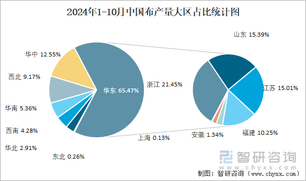 2024年1-10月中國布產(chǎn)量大區(qū)占比統(tǒng)計圖