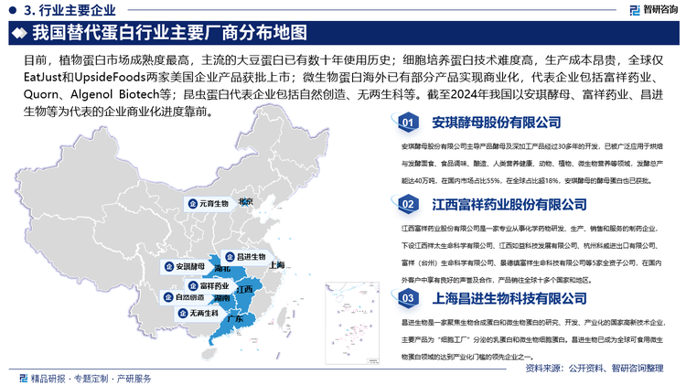 目前，植物蛋白市场成熟度最高，主流的大豆蛋白已有数十年使用历史，代表企业包括Beyond Meat、lmpossible Foods等；细胞培养蛋白技术难度高，生产成本昂贵，全球仅EatJust和UpsideFoods两家美国企业产品获批上市；微生物蛋白海外已有部分产品实现商业化，代表企业包括富祥药业、Quorn、Algenol Biotech、Enough、MycorenaAB和Roquette Frere Source等；昆虫蛋白代表企业包括自然创造、无两生科、Blue Protein等。截至2024年我国以安琪酵母、富祥药业、昌进生物等为代表的企业商业化进度靠前。