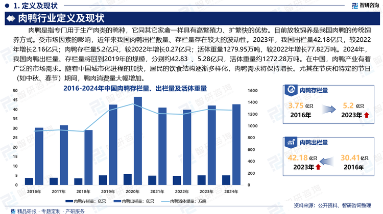 在中国，肉鸭产业有着广泛的市场需求，尤其是在餐饮业和加工行业中，鸭肉产品市场消费遍及全国。近年来，中国的肉鸭市场持续发展，已成为全球最大的肉鸭生产和消费市场之一。随着中国城市化进程的加快，居民的饮食结构逐渐多样化，肉鸭需求将保持增长。尤其在节庆和特定的节日（如中秋、春节）期间，鸭肉消费量大幅增加。