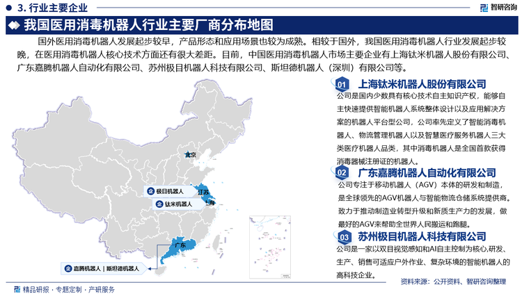 國(guó)外醫(yī)用消毒機(jī)器人發(fā)展起步較早，產(chǎn)品形態(tài)和應(yīng)用場(chǎng)景也較為成熟。相較于國(guó)外，我國(guó)醫(yī)用消毒機(jī)器人行業(yè)發(fā)展起步較晚，在醫(yī)用消毒機(jī)器人核心技術(shù)方面還有很大差距。目前，中國(guó)醫(yī)用消毒機(jī)器人市場(chǎng)主要企業(yè)有上海鈦米機(jī)器人股份有限公司、廣東嘉騰機(jī)器人自動(dòng)化有限公司、蘇州極目機(jī)器人科技有限公司、斯坦德機(jī)器人（深圳）有限公司等。