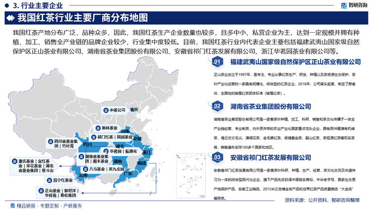 我国红茶产地分布广泛，品种众多，因此，我国红茶生产企业数量也较多，且多中小、私营企业为主，达到一定规模并拥有种植、加工、销售全产业链的品牌企业较少，行业集中度较低。目前，我国红茶行业内代表企业主要包括福建武夷山国家级自然保护区正山茶业有限公司、湖南省茶业集团股份有限公司、安徽省祁门红茶发展有限公司、浙江华茗园茶业有限公司、福建新坦洋集团股份有限公司、中国茶叶股份有限公司、四川省茶业集团股份有限公司、安徽国润茶业有限公司、云南昌宁红茶业集团有限公司、萧氏茶业集团有限公司等，其中，福建武夷山国家级自然保护区正山茶业有限公司是专注、专业从事红茶生产、研发、种植以及茶资源生态保护、茶叶产业化运营的一家具有规模化、综合型的红茶企业，2002年，公司红茶产品获得国家第23号原产地标记认定--中华人民共和国地理标志保护产品武夷山正山小种红茶。