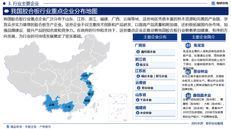 我國(guó)膠合板行業(yè)重點(diǎn)企業(yè)廣泛分布于山東、江蘇、浙江、福建、廣西、云南等地，這些地區(qū)憑借豐富的林木資源和完善的產(chǎn)業(yè)鏈，孕育眾多實(shí)力雄厚的膠合板生產(chǎn)企業(yè)。這些企業(yè)不僅注重技術(shù)創(chuàng)新和產(chǎn)品研發(fā)，以提高產(chǎn)品質(zhì)量和附加值，還積極拓展國(guó)內(nèi)外市場(chǎng)，加強(qiáng)品牌建設(shè)，提升產(chǎn)品的知名度和競(jìng)爭(zhēng)力。在政府的引導(dǎo)和支持下，這些重點(diǎn)企業(yè)正推動(dòng)著我國(guó)膠合板行業(yè)朝著更加健康、有序的方向發(fā)展，為行業(yè)的可持續(xù)發(fā)展奠定了堅(jiān)實(shí)基礎(chǔ)。