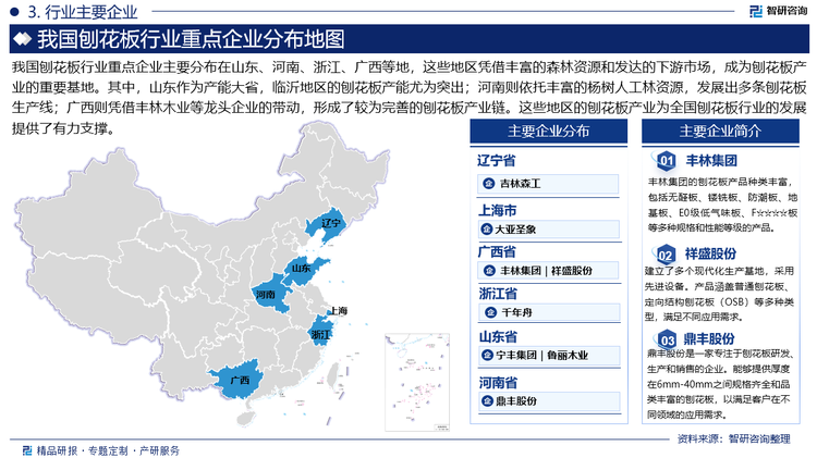 我国刨花板行业重点企业主要分布在山东、河南、浙江、广西等地，这些地区凭借丰富的森林资源和发达的下游市场，成为刨花板产业的重要基地。其中，山东作为产能大省，临沂地区的刨花板产能尤为突出；河南则依托丰富的杨树人工林资源，发展出多条刨花板生产线；广西则凭借丰林木业等龙头企业的带动，形成了较为完善的刨花板产业链。这些地区的刨花板产业为全国刨花板行业的发展提供了有力支撑。