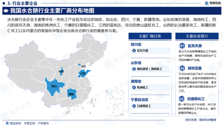 水合肼行業(yè)企業(yè)主要集中在一些化工產(chǎn)業(yè)較為發(fā)達(dá)的地區(qū)，如山東、四川、寧夏、新疆等地。山東的濰坊亞星、海明化工，四川的宜賓天原，湖南的株洲化工，寧夏的日盛精化工，江西的藍(lán)恒達(dá)，河北的唐山晨虹化工，山西的長(zhǎng)治霍家化工，新疆的新仁化工以及內(nèi)蒙古的寒錦化學(xué)等企業(yè)也是水合肼行業(yè)的重要參與者。