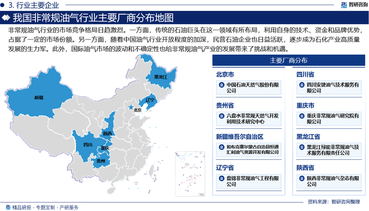 非常规油气行业的市场竞争格局日趋激烈。一方面，传统的石油巨头在这一领域有所布局，利用自身的技术、资金和品牌优势，占据了一定的市场份额。另一方面，随着中国油气行业开放程度的加深，民营石油企业也日益活跃，逐步成为石化产业高质量发展的生力军。此外，国际油气市场的波动和不确定性也给非常规油气产业的发展带来了挑战和机遇。