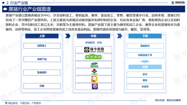 中國黑豬養(yǎng)殖行業(yè)廠商主要分布在我國的華中、華南和西南地區(qū)，包括湖南、湖北、廣東、海南、四川、西藏等地，主要廠商為湘西牧業(yè)、中豬農(nóng)業(yè)（湖北）、壹號(hào)食品、瑞今控股、新希望、徒河食品等。