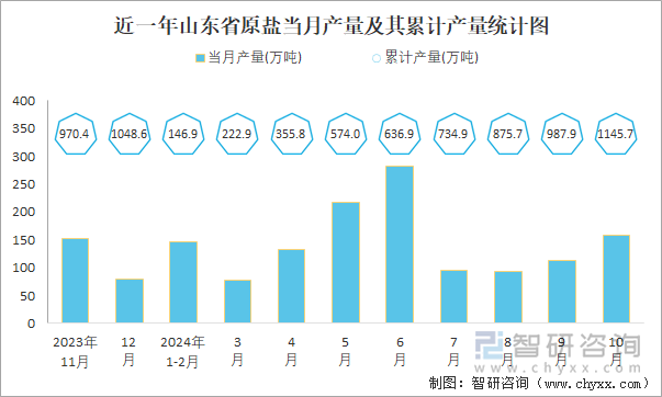 近一年山東省原鹽當(dāng)月產(chǎn)量及其累計(jì)產(chǎn)量統(tǒng)計(jì)圖