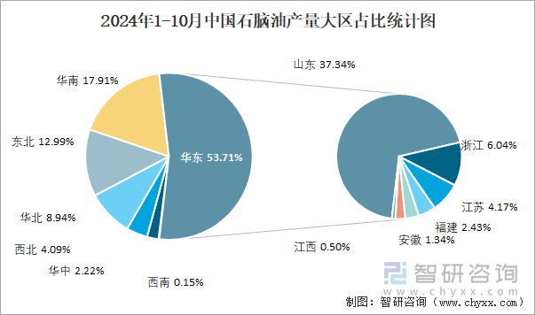 2024年1-10月中國(guó)石腦油產(chǎn)量大區(qū)占比統(tǒng)計(jì)圖