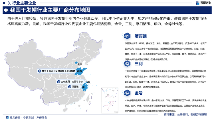 由于进入门槛较低，导致我国干发帽行业内企业数量众多，且以中小型企业为主，加之产品同质化严重，使得我国干发帽市场格局高度分散。目前，我国干发帽行业内代表企业主要包括洁丽雅、金号、三利、孚日洁玉、蕉内、全棉时代等，其中，洁丽雅创始于1986年，拥有浙江、湖北、新疆三大生产研发基地，员工6500多名，总资产逾30亿元，经过二十多年的艰苦创业，洁丽雅集团现已发展成为一家集纺纱、染整、织造、营销、物流于一体，以毛巾等家纺产品为核心产业，内衣内裤、袜子、家居用品、房地产开发等众多产业多元化发展的大型综合性集团公司，洁丽雅为实现“用世界上最好的棉花，做世界上最好的毛巾”的产业理想，寻遍欧亚大陆，同时响应中央“对口援疆”战略号召，和面向欧亚大陆13亿人口的国际化战略目标，通过多番实地考察，最终选择落户在我国最好的棉花主产地——兵团一师阿拉尔市，建立全产业链的现代化品牌产业基地，在南疆建成国际领先的现代化纺织生产基地。