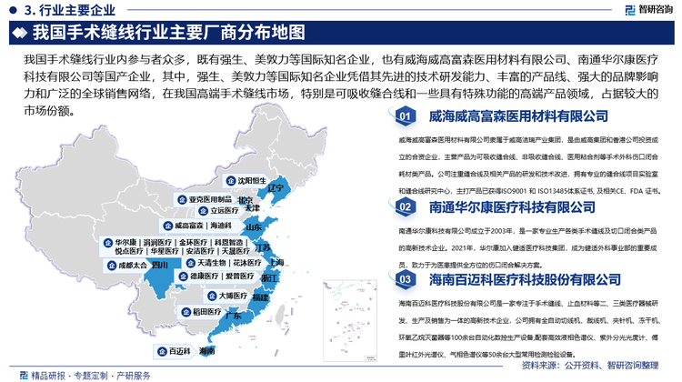 我国手术缝线行业内参与者众多，既有强生、美敦力等国际知名企业，也有威海威高富森医用材料有限公司、南通华尔康医疗科技有限公司、南京涓润医疗科技有限公司、海南百迈科医疗科技股份有限公司等国产企业，其中，强生、美敦力等国际知名企业凭借其先进的技术研发能力、丰富的产品线、强大的品牌影响力和广泛的全球销售网络，在我国高端手术缝线市场，特别是可吸收缝合线和一些具有特殊功能的高端产品领域，占据较大的市场份额，而国产手术缝线企业经过多年的发展，产品质量和技术水平不断提升，能够满足国内大部分医疗机构的基本需求，并逐渐在国内市场占据一席之地。