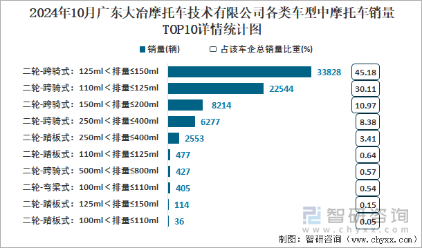 2024年10月廣東大冶摩托車技術有限公司各類車型中摩托車銷量TOP10詳情統(tǒng)計圖