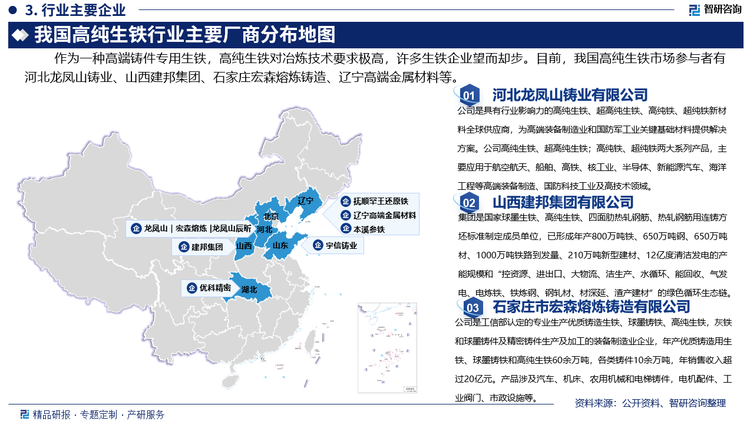 作为一种高端铸件专用生铁，高纯生铁对冶炼技术要求极高，许多生铁企业望而却步。目前，我国高纯生铁市场参与者有河北龙凤山铸业有限公司、山西建邦集团有限公司、石家庄市宏森熔炼铸造有限公司、辽宁高端金属材料有限公司等企业。其中，河北龙凤山铸业高纯生铁名义产能168万吨，山西建邦集团产能30万吨，宏森熔炼铸造含铸造生铁、球墨铸铁产能60万吨。