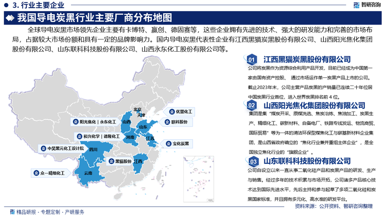 其中，江西黑猫股份以青岛黑猫新材料研究院、安徽黑猫技术中心、产学研合作平台为三大核心搭建研发体系，包含了碳纳米材料、特种炭黑、超导电炭黑等新技术研发。2023年，公司重点项目稳步推进，年产5000吨碳纳米管粉体及配套产业一体化项目顺利进行；通过提升工厂智能化程度，对超导电炭黑项目生产装置优化，加速新能源产业升级步伐。2023年度，公司累计生产炭黑92.38万吨，销售炭黑94.20万吨，实现产销率101.97%，同比增长2.84%；全年实现营业收入945129.07万元，主营产品国内、国外销售占比分别为89.32%和10.68%。截至2023年末，公司具备炭黑年生产能力116.2万吨，继续保持国内炭黑行业领先地位。