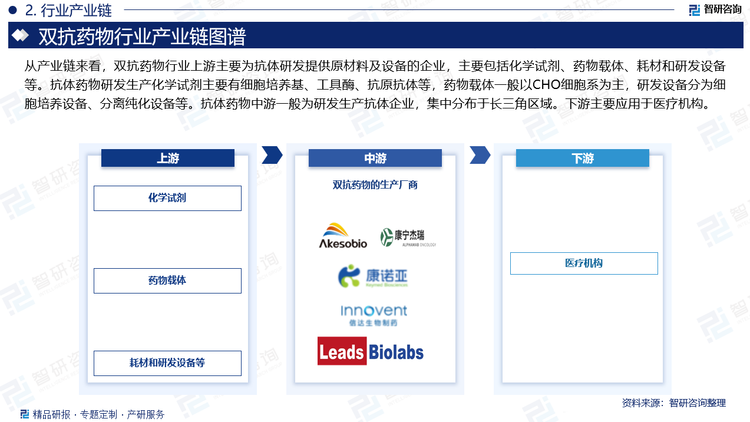 从产业链来看，双抗药物行业上游主要为抗体研发提供原材料及设备的企业，主要包括化学试剂、药物载体、耗材和研发设备等。抗体药物研发生产化学试剂主要有细胞培养基、工具酶、抗原抗体等，药物载体一般以CHO细胞系为主，研发设备分为细胞培养设备、分离纯化设备等。抗体药物中游一般为研发生产抗体企业，集中分布于长三角区域。下游主要应用于医疗机构。