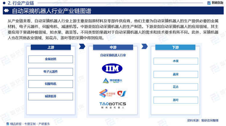 从产业链来看，自动采摘机器人行业上游主要是指原材料及零部件供应商，他们主要为自动采摘机器人的生产提供必要的金属材料、电子元器件、伺服电机、减速机等。中游是指自动采摘机器人的生产制造。下游是指自动采摘机器人的应用领域，其主要应用于果蔬种植领域，如水果、蔬菜等。不同类型的果蔬对于自动采摘机器人的需求和技术要求有所不同。此外，采摘机器人也在其他农业领域，如花卉、茶叶等的采摘中得到应用。