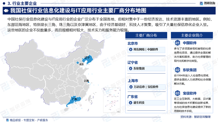 中國社保行業(yè)信息化建設(shè)與IT應(yīng)用行業(yè)的企業(yè)廣泛分布于全國各地，但相對集中于一些經(jīng)濟(jì)發(fā)達(dá)、技術(shù)資源豐富的地區(qū)。例如，東部沿海地區(qū)，特別是長三角、珠三角以及京津冀地區(qū)，由于經(jīng)濟(jì)基礎(chǔ)好、科技人才聚集，吸引了大量社保信息化企業(yè)入駐。這些地區(qū)的企業(yè)不僅數(shù)量多，而且規(guī)模相對較大，技術(shù)實(shí)力和服務(wù)能力較強(qiáng)。