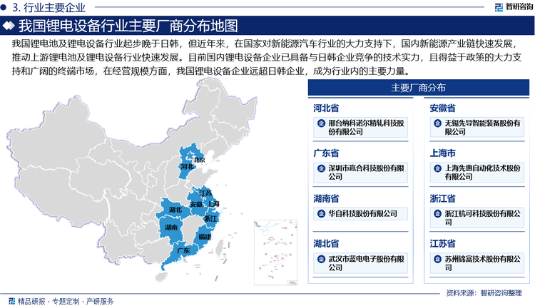 但是，受當(dāng)?shù)叵掠谓K端市場需求較小影響，日韓鋰電設(shè)備企業(yè)普遍規(guī)模不大，產(chǎn)能較小。中國鋰電池及鋰電設(shè)備行業(yè)起步晚于日韓，但近年來，在國家對(duì)新能源汽車行業(yè)的大力支持下，國內(nèi)新能源產(chǎn)業(yè)鏈快速發(fā)展，推動(dòng)上游鋰電池及鋰電設(shè)備行業(yè)快速發(fā)展。目前中國鋰電設(shè)備企業(yè)已具備與日韓企業(yè)競爭的技術(shù)實(shí)力，且得益于政策的大力支持和廣闊的終端市場，在經(jīng)營規(guī)模方面，中國鋰電設(shè)備企業(yè)遠(yuǎn)超日韓企業(yè)，成為行業(yè)內(nèi)的主要力量。