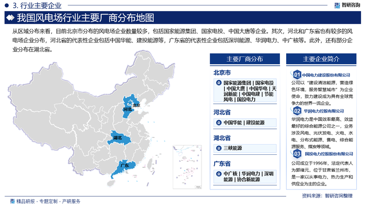 从区域分布来看，目前北京市分布的风电场企业数量较多，包括国家能源集团、国家电投、中国大唐等企业。其次，河北和广东省也有较多的风电场企业分布，河北省的代表性企业包括中国华能、建投能源等，广东省的代表性企业包括深圳能源、华润电力、中广核等。此外，还有部分企业分布在湖北省。