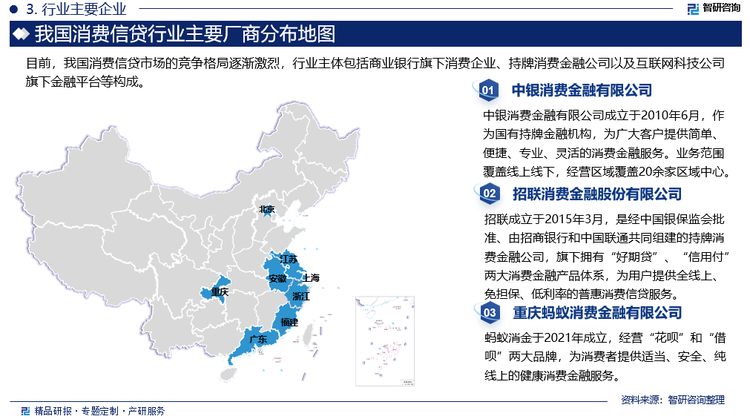 目前，我國消費(fèi)信貸市場的競爭格局逐漸激烈，行業(yè)主體包括商業(yè)銀行旗下消費(fèi)企業(yè)、持牌消費(fèi)金融公司以及互聯(lián)網(wǎng)科技公司旗下金融平臺等構(gòu)成。其中，商業(yè)銀行憑借其強(qiáng)大的客戶資源和資金實(shí)力，在消費(fèi)信貸市場具有顯著優(yōu)勢，但同時也面臨著轉(zhuǎn)型壓力和新的利潤增長點(diǎn)的需求。同時，隨著金融市場及互聯(lián)網(wǎng)產(chǎn)業(yè)的發(fā)展，我國互聯(lián)網(wǎng)金融平臺如京東金融、度小滿、小米消金等開始布局消費(fèi)信貸業(yè)務(wù)，并依托互聯(lián)網(wǎng)傳播速度快等優(yōu)勢迅速占領(lǐng)市場。此外，招聯(lián)消金、螞蟻消金、馬上金融等新興金融機(jī)構(gòu)逐漸嶄露頭角，加劇了市場競爭。