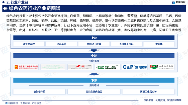 绿色农药行业上游主要包括苏云金芽孢杆菌、白僵菌、绿僵菌、木霉菌等微生物菌种，葡萄糖、蔗糖等培养基质，乙烯、丙烯等基础化工原料，硫酸、硝酸、盐酸、烧碱、纯碱、硫酸铜、硫酸锌、氯化铁等无机化工原料供应商以及含氟中间体、含氰基中间体、含杂环中间体等中间体供应商；行业下游为应用市场，主要用于农业生产，保障农作物的生长和产量，防治病虫害、杂草等，此外，在林业、畜牧业、卫生等领域也有一定的应用，如防治森林病虫害、畜牧养殖中的寄生虫病、环境卫生害虫等。