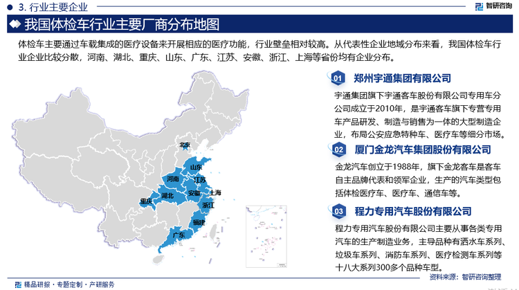 体检车主要通过车载集成的医疗设备来开展相应的医疗功能，行业壁垒相对较高。从代表性企业地域分布来看，我国体检车行业企业比较分散，河南、湖北、重庆、山东、广东、江苏、安徽、浙江、上海等省份均有企业分布。从中国体检车制造商经营业绩对比来看，宇通客车、金龙汽车、福田汽车、东风集团、江淮汽车、程力专用汽车等企业的经营规模处于领先地位。