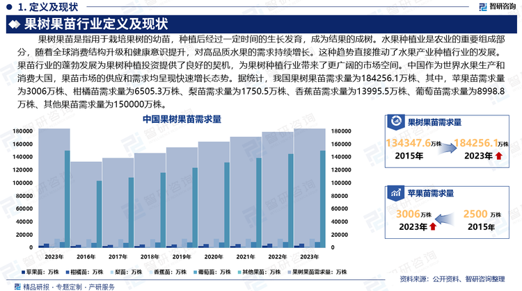 水果種植業(yè)是農(nóng)業(yè)的重要組成部分，隨著全球消費結(jié)構(gòu)升級和健康意識提升，對高品質(zhì)水果的需求持續(xù)增長。這種趨勢直接推動了水果產(chǎn)業(yè)種植行業(yè)的發(fā)展。果苗行業(yè)的蓬勃發(fā)展為果樹種植投資提供了良好的契機，為果樹種植行業(yè)帶來了更廣闊的市場空間。中國作為世界水果生產(chǎn)和消費大國，果苗市場的供應(yīng)和需求均呈現(xiàn)快速增長態(tài)勢。據(jù)統(tǒng)計，我國果樹果苗需求量為184256.1萬株、其中，蘋果苗需求量為3006萬株、柑橘苗需求量為6505.3萬株、梨苗需求量為1750.5萬株、香蕉苗需求量為13995.5萬株、葡萄苗需求量為8998.8萬株、其他果苗需求量為150000萬株。