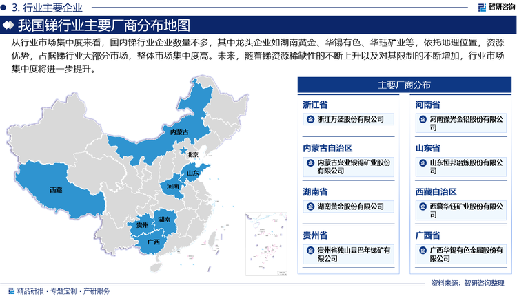 从行业市场集中度来看，国内锑行业企业数量不多，其中龙头企业如湖南黄金、华锡有色、华珏矿业等，依托地理位置，资源优势，占据锑行业大部分市场，整体市场集中度高。未来，随着锑资源稀缺性的不断上升以及对其限制的不断增加，行业市场集中度将进一步提升。