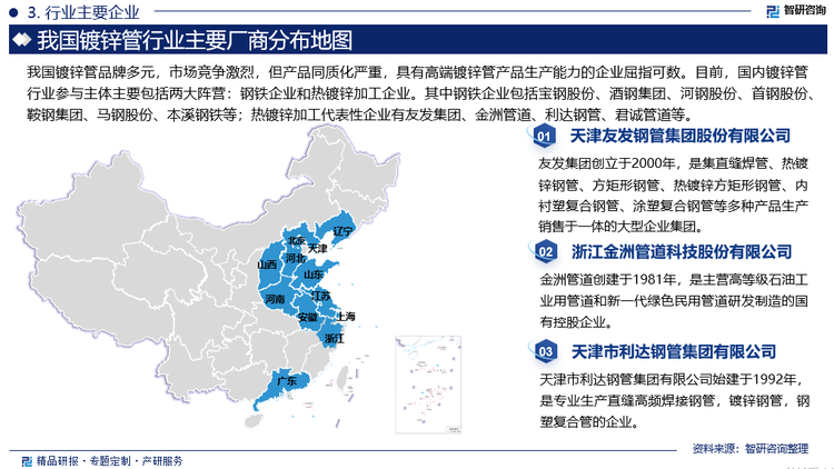 随着镀锌产品的优异性能得到广泛认可，近年来，镀锌管在各个领域的使用越来越广泛。作为焊管直接下游衍生产品，镀锌管与普通焊管相比具有耐腐蚀性强、使用寿命长等优点。社会日益进步，对工程质量的要求也在不断提高，镀锌管在焊管产品的使用上占比逐年上升。我国镀锌管品牌多元，市场竞争激烈，但产品同质化严重，具有高端镀锌管产品生产能力的企业屈指可数。目前，国内镀锌管行业参与主体主要包括两大阵营：钢铁企业和热镀锌加工企业。其中钢铁企业包括宝钢股份、酒钢集团、河钢股份、首钢股份、鞍钢集团、马钢股份、本溪钢铁等；热镀锌加工代表性企业有友发集团、金洲管道、利达钢管、君诚管道等。