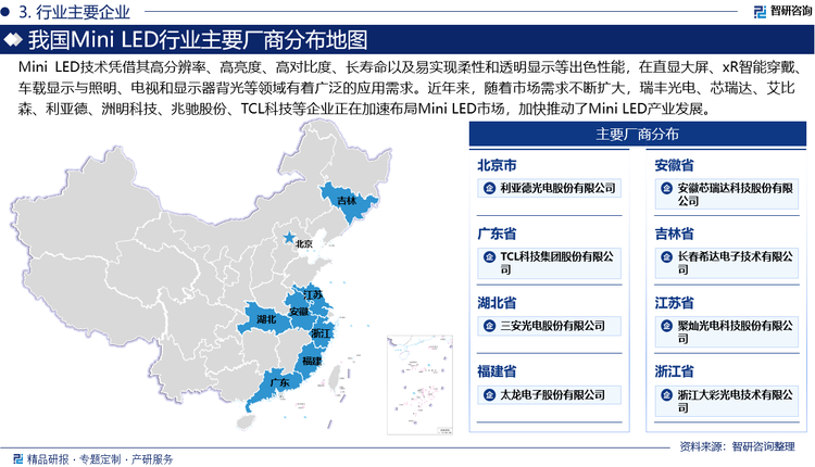 Mini LED技术凭借其高分辨率、高亮度、高对比度、长寿命以及易实现柔性和透明显示等出色性能，在直显大屏、xR智能穿戴、车载显示与照明、电视和显示器背光等领域有着广泛的应用需求。近年来，随着市场需求不断扩大，瑞丰光电、芯瑞达、艾比森、利亚德、洲明科技、兆驰股份、TCL科技等企业正在加速布局Mini LED市场，加快推动了Mini LED产业发展。