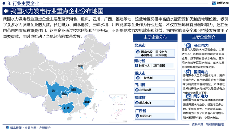 我国水力发电行业重点企业主要集聚于湖北、重庆、四川、广西、福建等地，这些地区凭借丰富的水能资源和优越的地理位置，吸引了众多水力发电企业的入驻。长江电力、湖北能源、三峡水利、川投能源等企业作为行业翘楚，不仅在当地具有显著影响力，还在全国范围内发挥着重要作用。这些企业通过技术创新和产业升级，不断提高水力发电效率和效益，为国家能源安全和可持续发展做出了重要贡献，同时也推动了当地经济的繁荣发展。