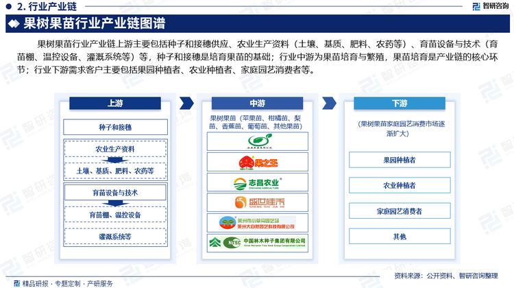 果樹果苗行業(yè)產(chǎn)業(yè)鏈上游主要包括種子和接穗供應(yīng)、農(nóng)業(yè)生產(chǎn)資料（土壤、基質(zhì)、肥料、農(nóng)藥等）、育苗設(shè)備與技術(shù)（育苗棚、溫控設(shè)備、灌溉系統(tǒng)等）等，種子和接穗是培育果苗的基礎(chǔ)；行業(yè)中游為果苗培育與繁殖，果苗培育是產(chǎn)業(yè)鏈的核心環(huán)節(jié)；行業(yè)下游需求客戶主要包括果園種植者、農(nóng)業(yè)種植者、家庭園藝消費者等。
