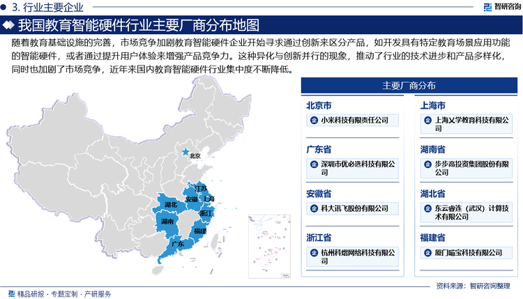 在过去的教育硬件行业中产品同质化现象较为普遍，特别是在一些热门品类如学习机、智能手表等。然而，随着教育基础设施的完善，市场竞争加剧企业开始寻求通过创新来区分产品，如开发具有特定教育场景应用功能的智能硬件，或者通过提升用户体验来增强产品竞争力。这种异化与创新并行的现象，推动了行业的技术进步和产品多样化，同时也加剧了市场竞争，近年来国内教育智能硬件行业集中度不断降低，且围绕自主学练这一核心诉求，针对在家场景、在校场景，注重更好的人机交互，以提高练习和学习效率为目的的技术型和内容型产品正在崛起。