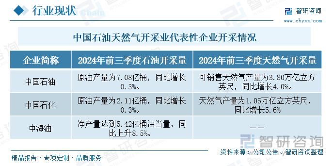 中國石油天然氣開采業(yè)代表性企業(yè)開采情況