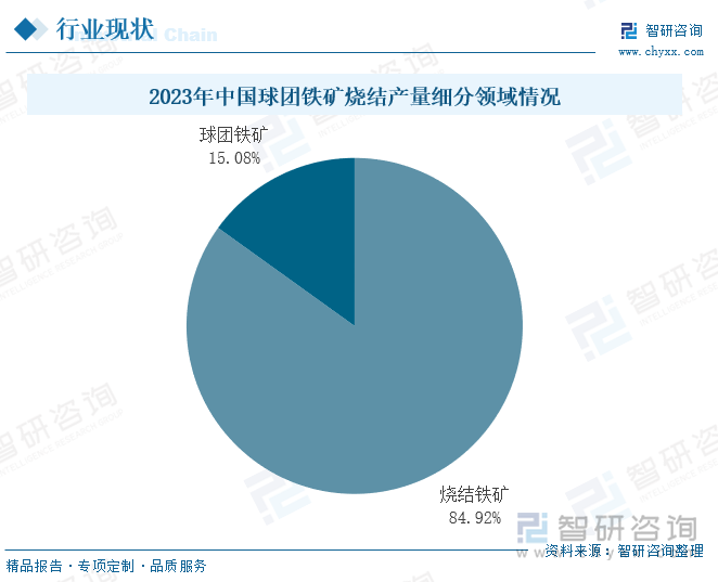 2023年中国球团铁矿烧结产量细分领域情况