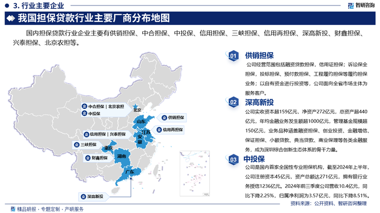 其中供销担保经营范围包括融资贷款担保，信用证担保；诉讼保全担保，投标担保、预付款担保、工程履约担保等履约担保业务；以自有资金进行投资等，公司面向全省市场主体为服务客户。深高新投实收资本超159亿元，净资产272亿元，总资产超440亿元，年均金融业务发生额超1000亿元，管理基金规模超150亿元，业务品种涵盖融资担保、创业投资、金融增信、保证担保、小额贷款、典当贷款、商业保理等各类金融服务，成为深圳综合创新生态体系的骨干力量。中投保是国内首家全国性专业担保机构，截至2024年上半年，公司注册资本45亿元，资产总额达271亿元，拥有银行业务授信1236亿元。2024年前三季度公司营收10.4亿元，同比下降2.25%，归属净利润为3.57亿元，同比下降8.51%。