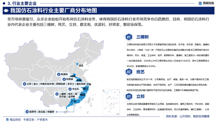 受市场前景吸引，众多企业纷纷开始布局仿石涂料业务，使得我国仿石涂料行业市场竞争也日趋激烈，目前，我国仿石涂料行业内代表企业主要包括三棵树、统艺、立邦、嘉宝莉、优波科、好思家、磐彩环保等，其中，三棵树主营业务为建筑涂料（墙面涂料）、防水材料、地坪材料、木器涂料、保温材料及保温一体化板、基辅材的研发、生产和销售，墙面涂料可分为面向以家庭消费者为主的家装墙面涂料和面向以政府、企事业单位、建筑工程、地产公司等用户的工程墙面涂料，家装墙面涂料主要用于住宅、学校、医院、酒店等建筑的内墙装修装饰，主要产品有艺术涂料、“健康+”标准乳胶漆如 BB 漆系列、鲜呼吸系列、360 系列、森家优选、纯萃系列、珍萃系列、净味无添加系列等；工程墙面涂料主要在建筑施工过程中用于建筑内外墙涂装，主要产品有多彩漆、质感涂料、外墙弹性涂料、真石漆等。