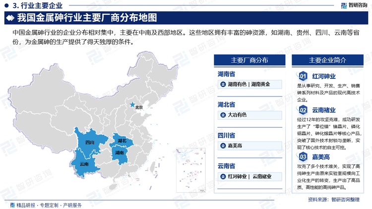 中国金属砷行业的企业分布相对集中，主要在中南及西部地区。这些地区拥有丰富的砷资源，如湖南、贵州、四川、云南等省份，为金属砷的生产提供了得天独厚的条件。