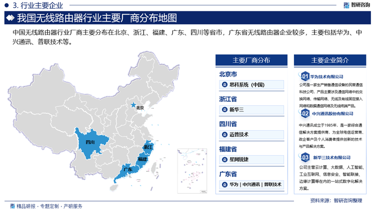 中国无线路由器行业厂商主要分布在北京、浙江、福建、广东、四川等省市，广东省无线路由器企业较多，主要包括华为、中兴通讯、普联技术等。