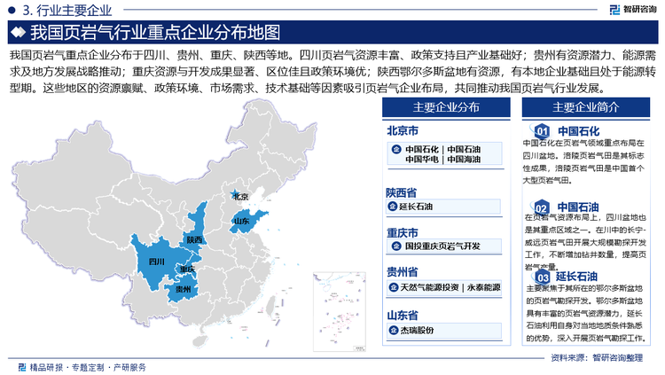 我国页岩气重点企业分布于四川、贵州、重庆、陕西等地。四川页岩气资源丰富、政策支持且产业基础好；贵州有资源潜力、能源需求及地方发展战略推动；重庆资源与开发成果显著、区位佳且政策环境优；陕西鄂尔多斯盆地有资源，有本地企业基础且处于能源转型期。这些地区的资源禀赋、政策环境、市场需求、技术基础等因素吸引页岩气企业布局，共同推动我国页岩气行业发展。