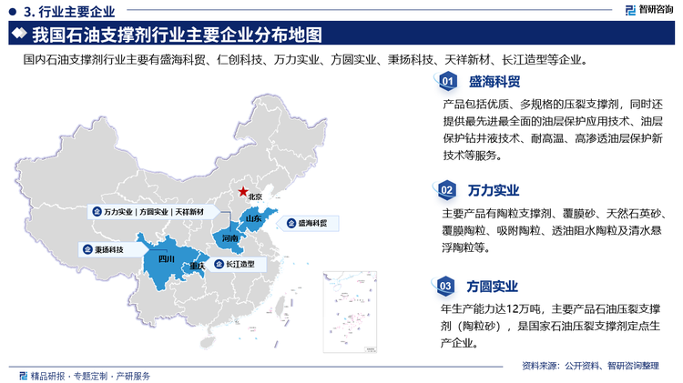 其中盛?？瀑Q產品包括優(yōu)質、多規(guī)格的壓裂支撐劑，同時還提供最先進最全面的油層保護應用技術、油層保護鉆井液技術、耐高溫、高滲透油層保護新技術等服務。萬力實業(yè)主要產品有陶粒支撐劑、覆膜砂、天然石英砂覆膜陶粒、吸附陶粒、透油阻水陶粒及清水懸浮陶粒等。方圓實業(yè)年生產能力達12萬噸，主要產品石油壓裂支撐劑(陶粒砂)，是國家石油壓裂支撐劑定點生產企業(yè)。