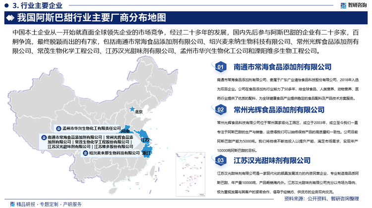 而中國本土企業(yè)從一開始就直面全球領先企業(yè)的市場競爭，經(jīng)過二十多年的發(fā)展，國內(nèi)先后參與阿斯巴甜的企業(yè)有二十多家，百舸爭流，最終脫穎而出的有7家，包括南通市常海食品添加劑有限公司、紹興麥來納生物科技有限公司、常州光輝食品添加劑有限公司、常茂生物化學工程公司、江蘇漢光甜味劑有限公司、孟州市華興生物化工公司和溧陽維多生物工程公司。