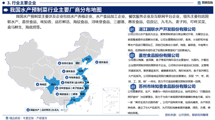 其中，国联水产专注于水产食品加工、研发和销售，致力于为消费者提供优质海洋蛋白。公司主要围绕白对虾、鱼类、小龙虾和牛蛙等水产品进行精深加工，目前已经推出小龙虾、烤鱼、酸菜鱼、牛蛙等大单品，在预制菜市场形成了较高的美誉度和广泛的影响力。2023年，国联水产的面包虾、小龙虾、烤鱼等产品市场销售稳定，牛蛙等新品不断推向市场，公司预制菜业务整体保持稳健发展态势，全年共销售预制菜产品11.57亿元。