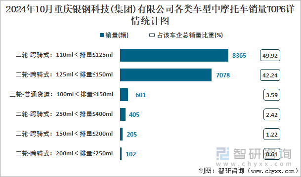 2024年10月重慶銀鋼科技(集團)有限公司各類車型中摩托車銷量TOP6詳情統(tǒng)計圖