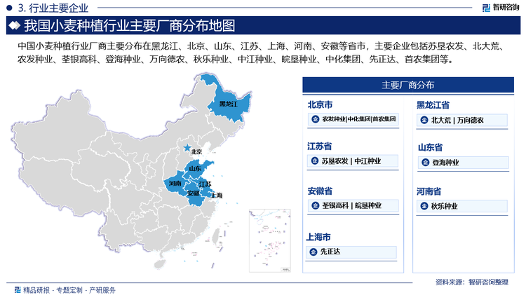 中國(guó)小麥種植行業(yè)廠商主要分布在黑龍江、北京、山東、江蘇、上海、河南、安徽等省市，主要企業(yè)包括蘇墾農(nóng)發(fā)、北大荒、農(nóng)發(fā)種業(yè)、荃銀高科、登海種業(yè)、萬(wàn)向德農(nóng)、秋樂(lè)種業(yè)、中江種業(yè)、皖墾種業(yè)、中化集團(tuán)、先正達(dá)、首農(nóng)集團(tuán)等。