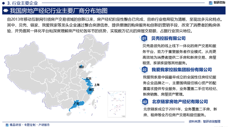 自2013年移動互聯(lián)網(wǎng)引領房產交易領域的創(chuàng)新以來，房產經紀階段性整合已完成，目前行業(yè)格局較為清晰，呈現(xiàn)出多元化特點。其中，貝殼、鏈家、我愛我家等龍頭企業(yè)通過整合房源信息、提供便捷的購房服務和創(chuàng)新的營銷手段，改變了消費者的購房體驗，并憑借其一體化平臺和深度理解房產經紀各環(huán)節(jié)的優(yōu)勢，實現(xiàn)數(shù)萬億元的房屋交易額，占據(jù)行業(yè)頂尖地位。同時，我國部分頂尖物業(yè)企業(yè)以及互聯(lián)網(wǎng)技術企業(yè)也紛紛瞄準房地產經紀行業(yè)發(fā)力，通過靈活的經營策略和對本地市場的深入了解，在特定區(qū)域和細分市場中尋求生存和發(fā)展。