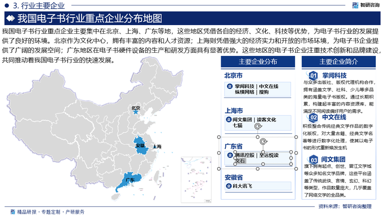 我國電子書行業(yè)重點企業(yè)主要集中在北京、上海、廣東等地，這些地區(qū)憑借各自的經(jīng)濟、文化、科技等優(yōu)勢，為電子書行業(yè)的發(fā)展提供了良好的環(huán)境。北京作為文化中心，擁有豐富的內(nèi)容和人才資源；上海則憑借強大的經(jīng)濟實力和開放的市場環(huán)境，為電子書企業(yè)提供了廣闊的發(fā)展空間；廣東地區(qū)在電子書硬件設(shè)備的生產(chǎn)和研發(fā)方面具有顯著優(yōu)勢。這些地區(qū)的電子書企業(yè)注重技術(shù)創(chuàng)新和品牌建設(shè)，共同推動著我國電子書行業(yè)的快速發(fā)展。