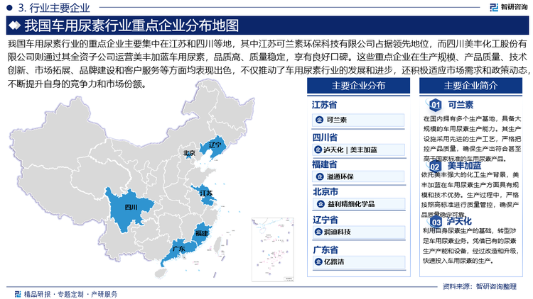 我国车用尿素行业的重点企业主要集中在江苏和四川等地，其中江苏可兰素环保科技有限公司占据领先地位，而四川美丰化工股份有限公司则通过其全资子公司运营美丰加蓝车用尿素，品质高、质量稳定，享有良好口碑。这些重点企业在生产规模、产品质量、技术创新、市场拓展、品牌建设和客户服务等方面均表现出色，不仅推动了车用尿素行业的发展和进步，还积极适应市场需求和政策动态，不断提升自身的竞争力和市场份额。